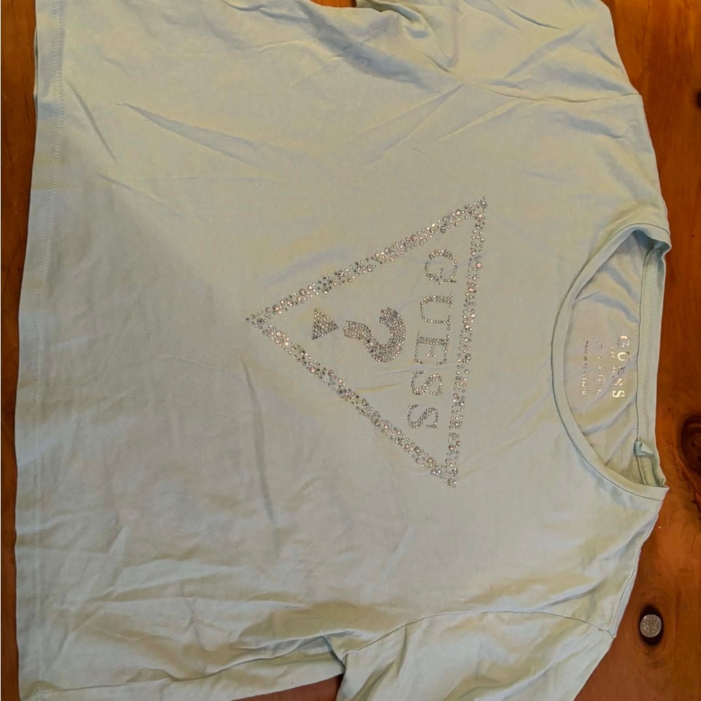 Guess Mint Green Tee with Embellished Logo crop top